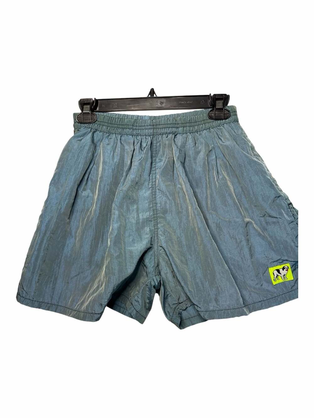 Vintage Nylon Blue Surf Shorts with Dog Graphic Patch Size M